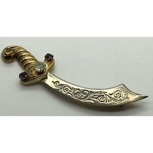 Scimitar Sword Dagger Sterling Silver Brooch Pin Gold Plated Handle Rhinestones